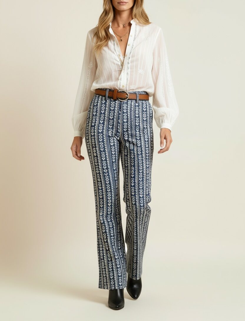 FIFI | Pantalón Jacquard Flores Mujer Azul