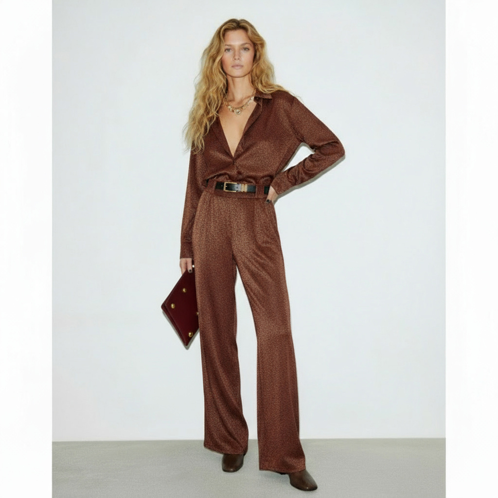 PABLO | Pantalón Punto Lurex Fluido Cobre/Marrón Rojizo