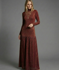 Ghanima | Vestido Midi de Punto Lurex Manga Larga Cobre/Marrón Rojizo