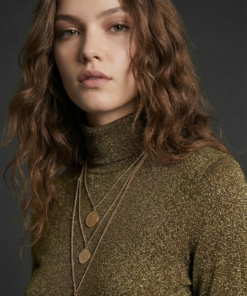 Ghanima | Vestido Midi de Punto Lurex Manga Larga Marrón Dorado |