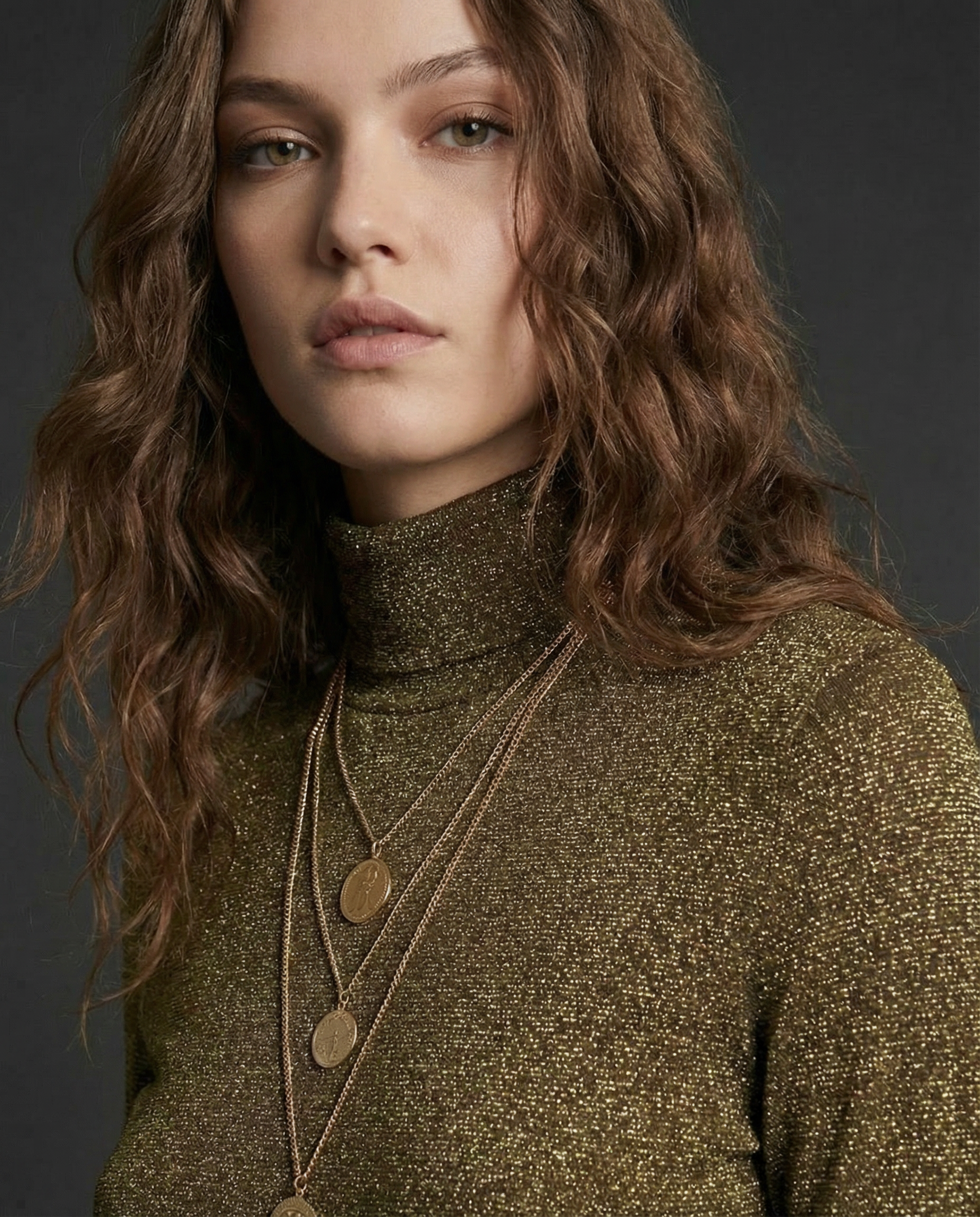 Ghanima | Vestido Midi de Punto Lurex Manga Larga Marrón Dorado |