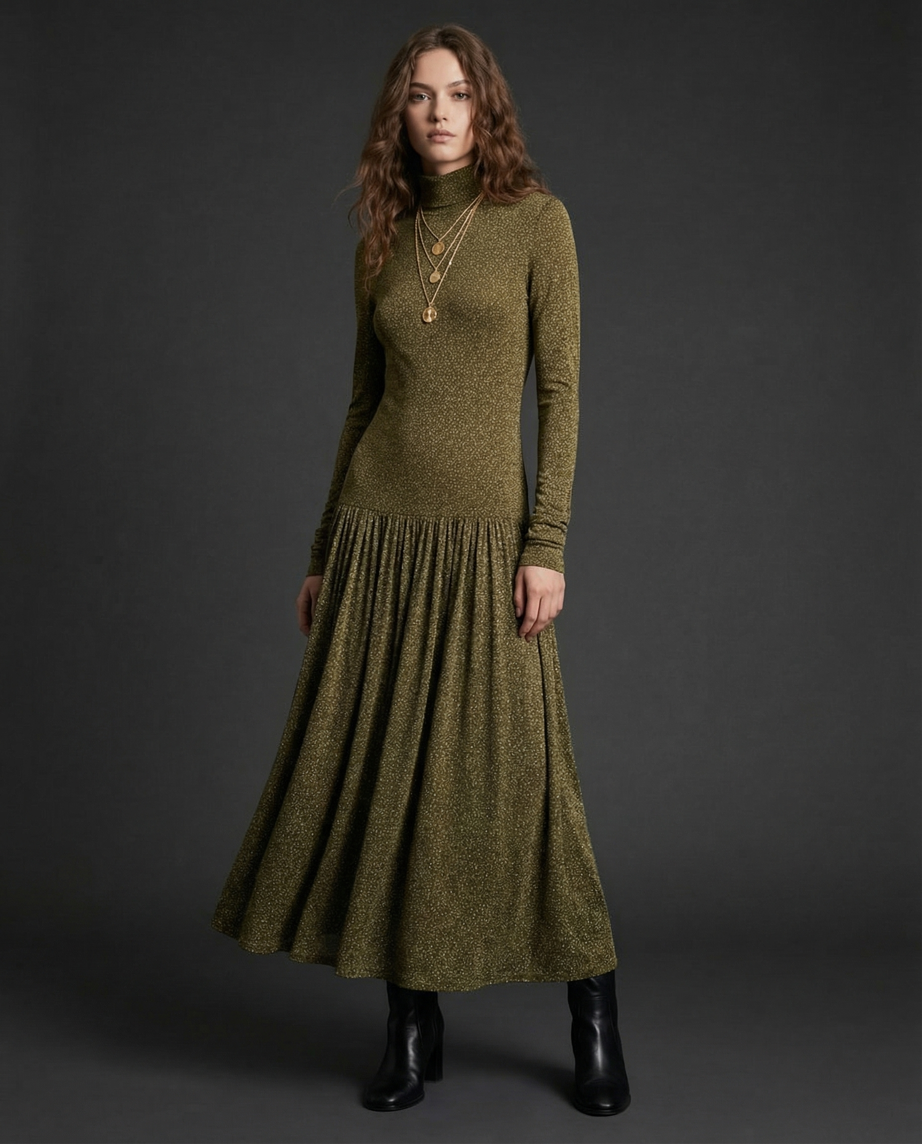 Ghanima | Vestido Midi de Punto Lurex Manga Larga Marrón Dorado | - Imagen 2