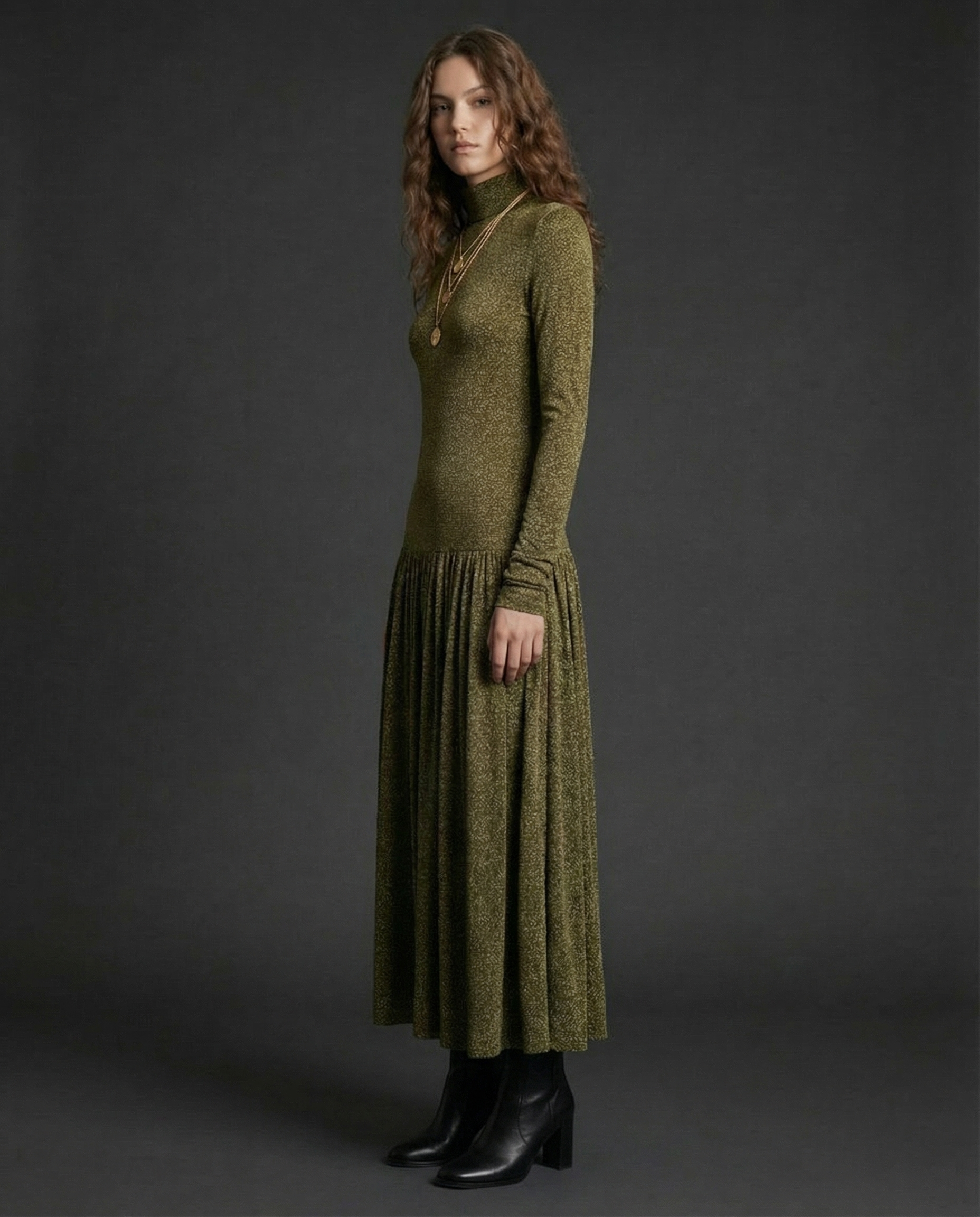 Ghanima | Vestido Midi de Punto Lurex Manga Larga Marrón Dorado | - Imagen 3