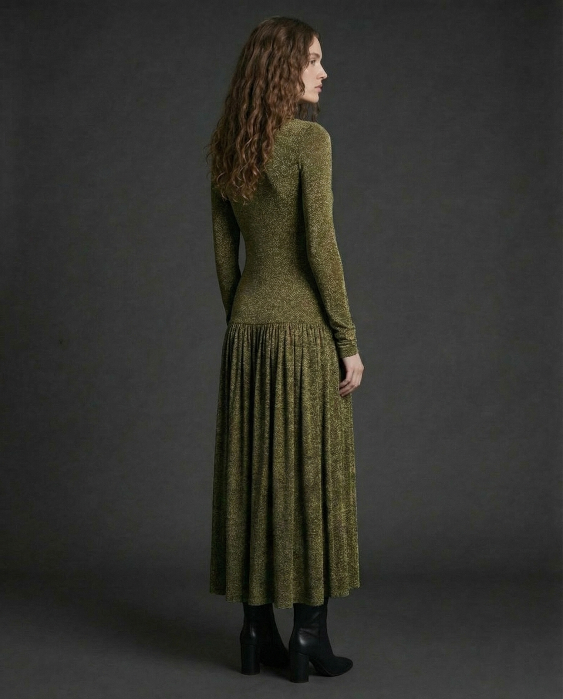 Ghanima | Vestido Midi de Punto Lurex Manga Larga Marrón Dorado | - Imagen 4