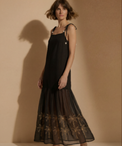 NINA | Vestido largo negro Bordado Palmeras Bajo