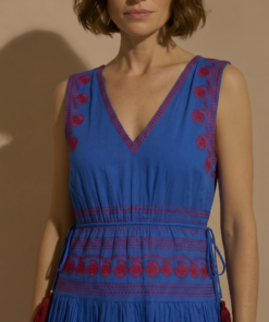 BIMBA | Vestido Largo Azul Bordado Caracolas en Rojo