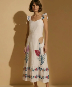 FLOR | Vestido Blanco Largo Midi Bordado Flores